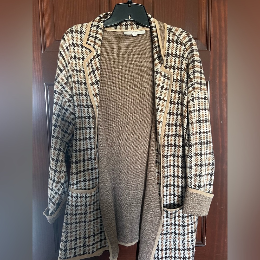 LOFT Neutral Plaid Open-Front Cardigan in Beige and Brown